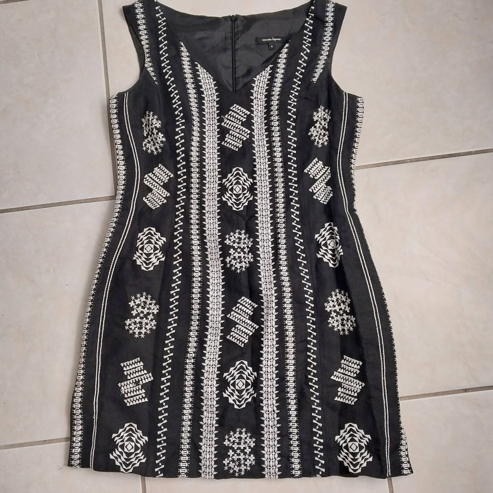 Nanette Lepore Up All Night dress black linen sleeveless sheath embroided Sz 8